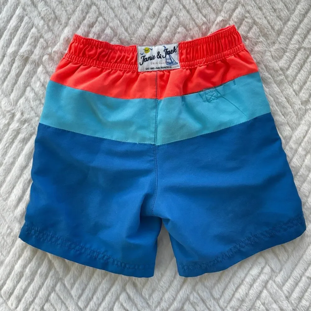 Janie and Jack Boys 2T Swim Trunks Blue Colorblock Lined Beach Shorts